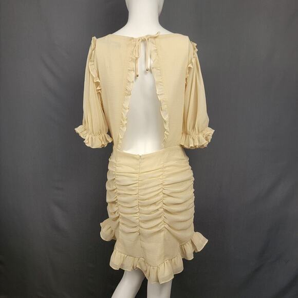 HYFVE Dress Cream Ruched Mini Dress Small Puff Sleeve Ruffle Hem Flirty Romantic - Picture 1 of 6